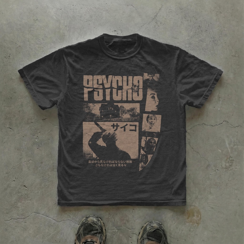 Psycho graphic t-shirt. Unisex horror movie tee featuring Japanese typography, vintage streetwear aesthetic.