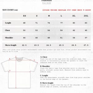 May include: Size chart for a unisex regular fit crew neck t-shirt. Measurements are in centimeters. Includes length, chest, shoulder, and sleeve length for sizes XS to 2XL. The chart also shows how to measure the chest, shoulder, length, and sleeve length.