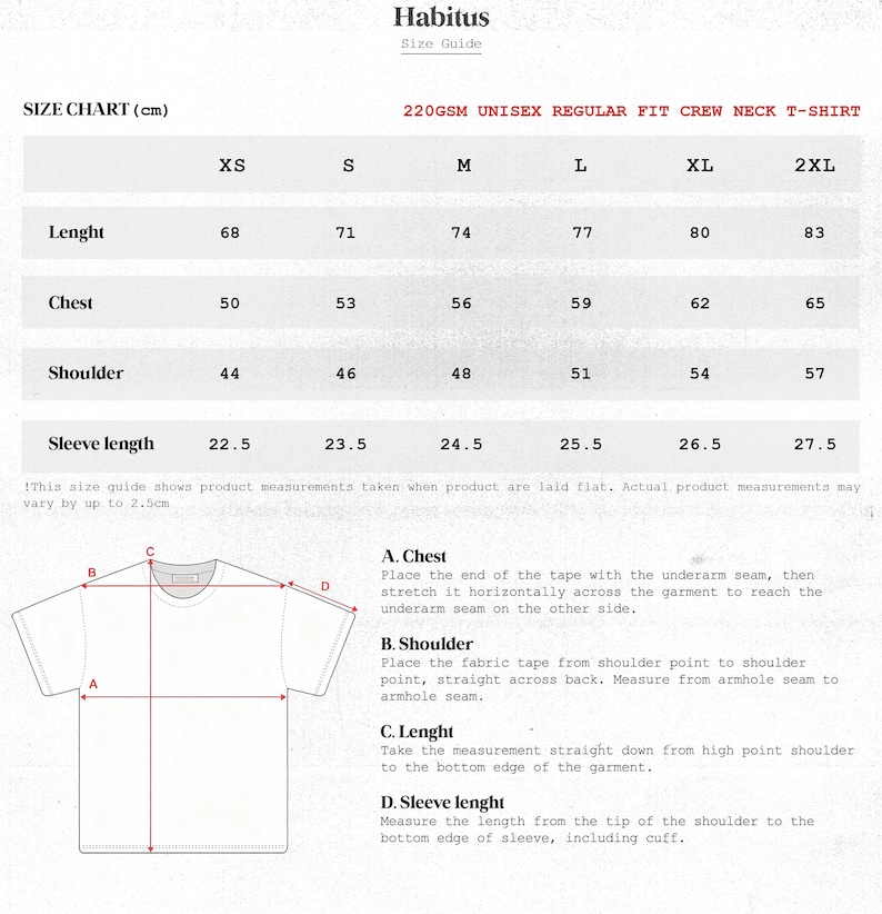 May include: Size chart for a unisex regular fit crew neck t-shirt. Measurements are in centimeters. Includes length, chest, shoulder, and sleeve length for sizes XS to 2XL. The chart also shows how to measure the chest, shoulder, length, and sleeve length.
