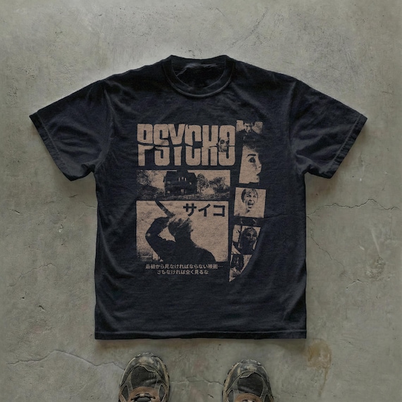 Psycho graphic t-shirt | Unisex horror movie tee with Japanese typography | Vintage streetwear aesthetic | Retro film, movie lover gift