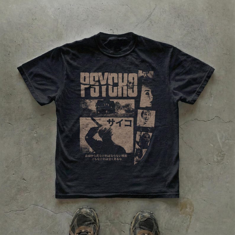 Psycho graphic t-shirt. Unisex horror movie tee featuring Japanese typography, vintage streetwear aesthetic.