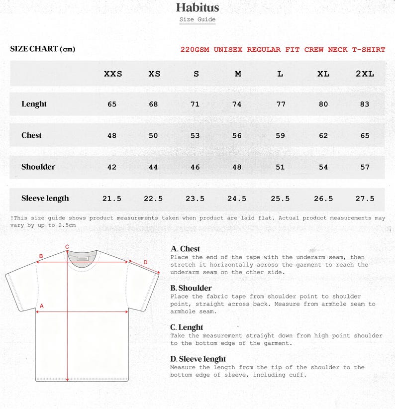 Puede incluir: Una tabla de tallas para una camiseta unisex de cuello redondo y corte regular, con medidas en cent&iacute;metros. La tabla incluye medidas de largo, pecho, hombro y largo de manga para tallas XXS a 2XL. Tambi&eacute;n se incluyen instrucciones de medici&oacute;n.