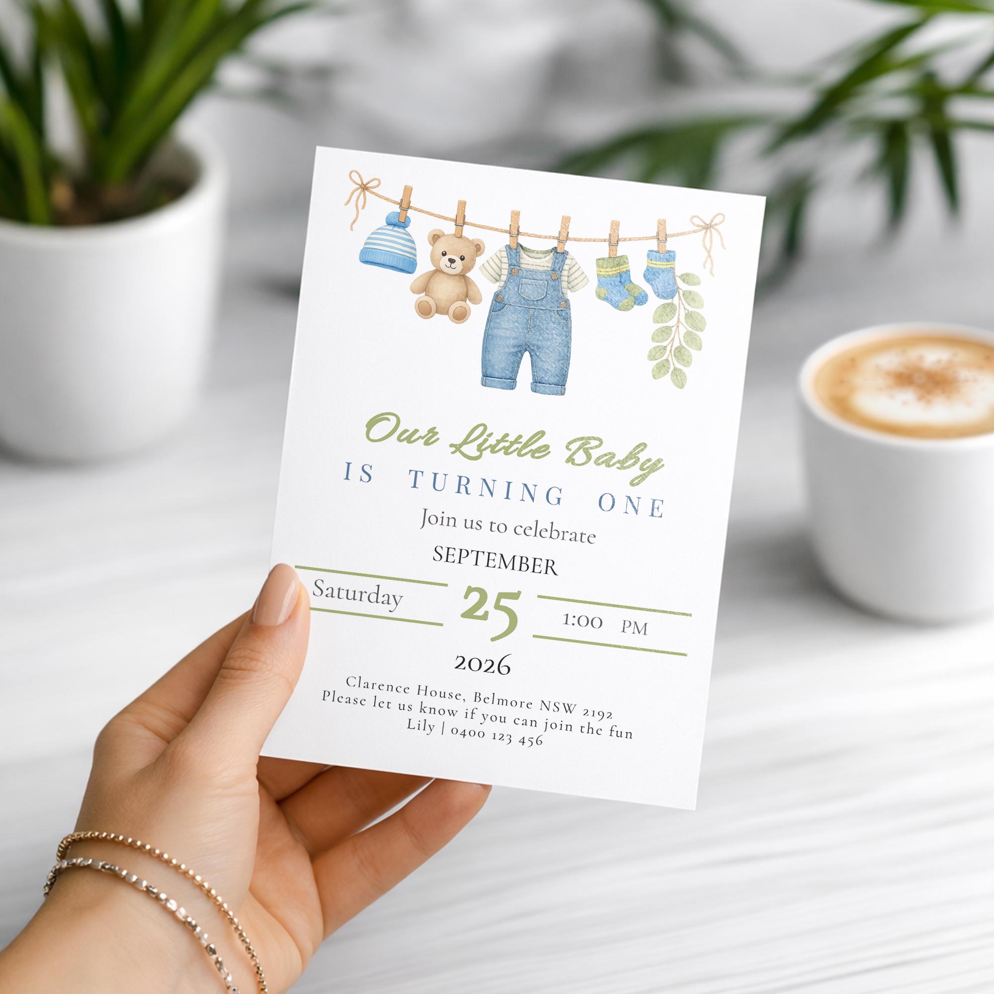 First Birthday Invitation Template, Baby Boy Teddy Bear Invite ...