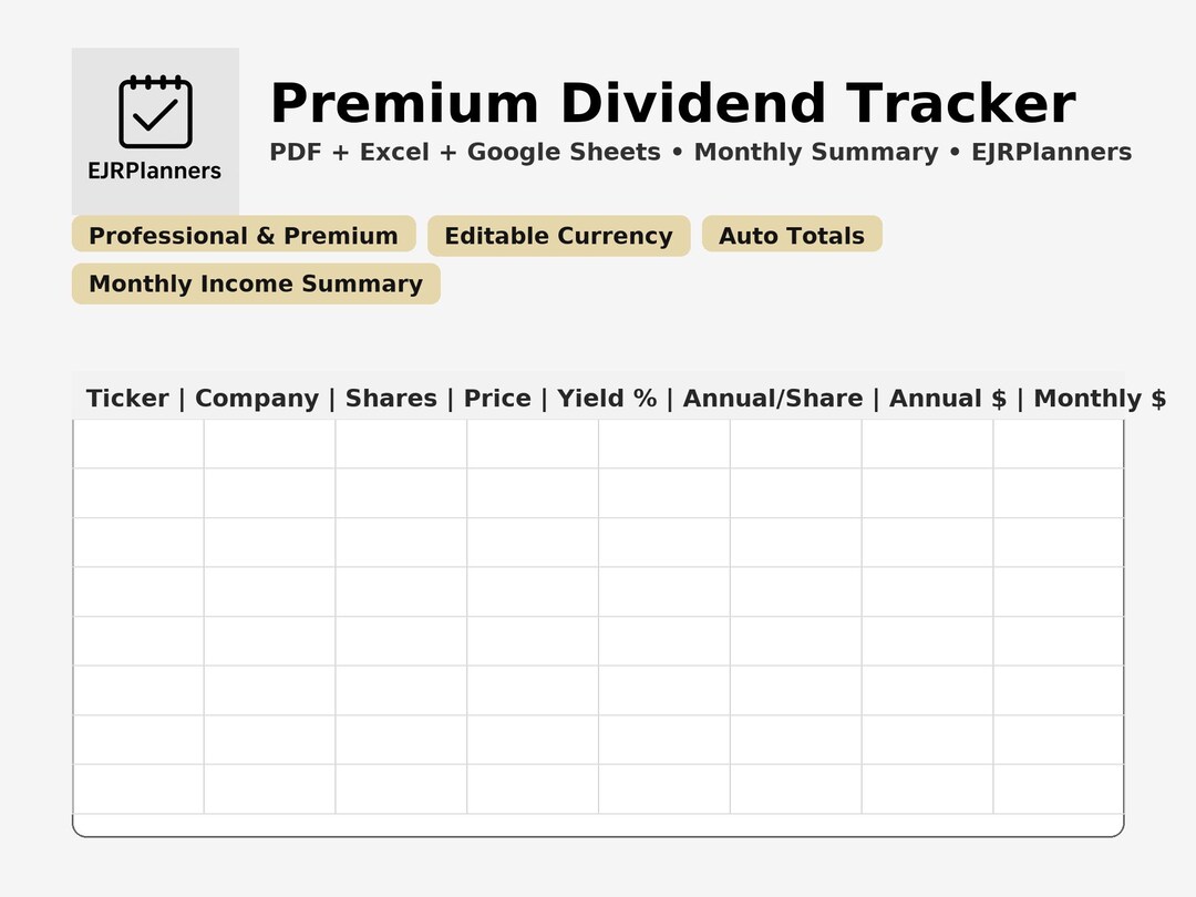 Dividend Tracker: Monthly Income Summary (PDF + Excel + Google Sheets ...