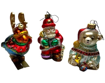 Polonaise Kurt Adler Glass Christmas Ornaments Lot 3 Reindeer Santa Bear Poland
