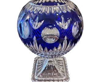 Vintage OFNAH Poland Cobalt Blue Cut To Clear Crystal Votive Candle Holder Pedes