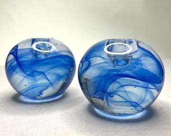 Kosta Boda Sweden Art Glass Candle Holders Paperweights Blue Swirl Signed Pair