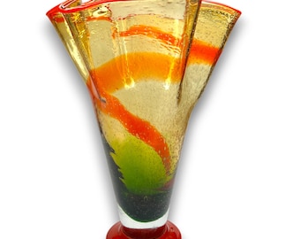 Murano Style Bullicante Handkerchief Art Glass Vase Hand Blown Orange Green 13"