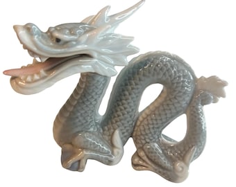 Vintage Yoshimi Porcelain Foo Dragon Figurine Grey White Glazed Chinese Mythical