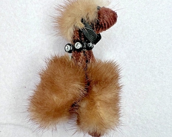 Vtg 1950s Genuine Mink Fur Poodle Dog Sweater Guard Clip Pin Brooch Rhinestones