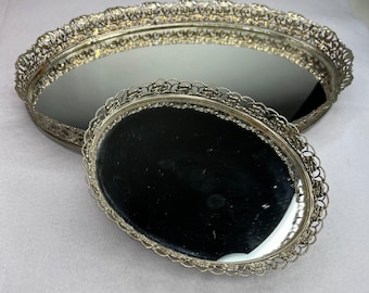 Vintage Oval Mirrored Vanity Tray Set Dressing Table MCM Hollywood Regency