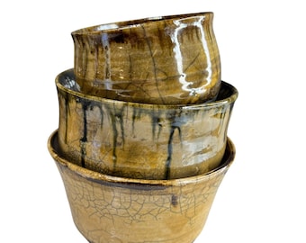 Handmade Studio Pottery Bowl Set 3 Signed Alyce Drip Glaze Ceramic