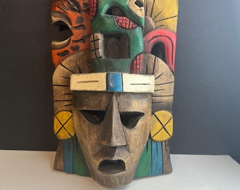 Vintage Hand Carved Mexican Mayan Aztec Wood Mask Jaguar Serpent Folk Art 8.5in