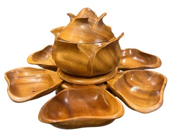 Vintage Monkey Pod Wood Lotus Serving Bowl Set Lazy Susan 9pc Hand Carved 20"