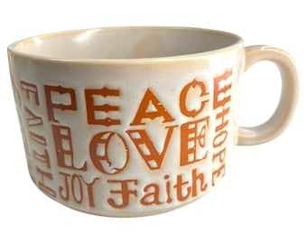 Taza de sopa de gres moteado vintage japonesa con tipografía "Fe, Amor, Esperanza, Paz, Alegría"
