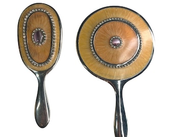 Vintage Silver Tone Rhinestone Sunburst Vanity Set Hand Mirror and Hair Brush