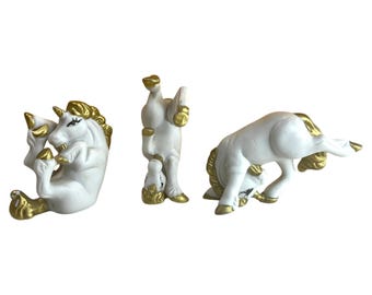 Vintage JSNY Taiwan White Gold Unicorn Figurines Set 3 Ceramic Mini Horses READ