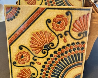 16 Mid-Century Italian Terracotta Raised Floral Mandala Decorative Tiles 7 7/8"