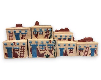 Southwestern Pueblo Adobe Village Canister Set Hand Painted Ceramic Houses 8pc