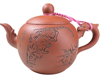 Yixing Zisha Clay Teapot Tiger Engraved Chinese Calligraphy Dragon Handle