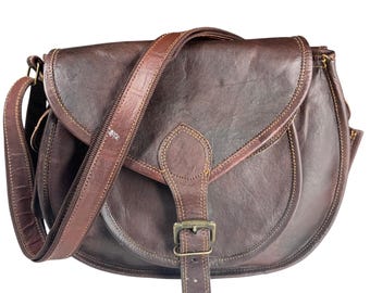Vintage Brown Leather Crossbody Messenger Bag Distressed Satchel Boho Purse