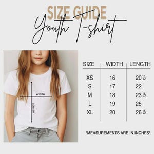 May include: A size guide for a youth t-shirt featuring a white t-shirt with width and length measurement lines. A table lists sizes XS through XL with corresponding width and length measurements in inches. The text reads SIZE GUIDE Youth T-shirt.
