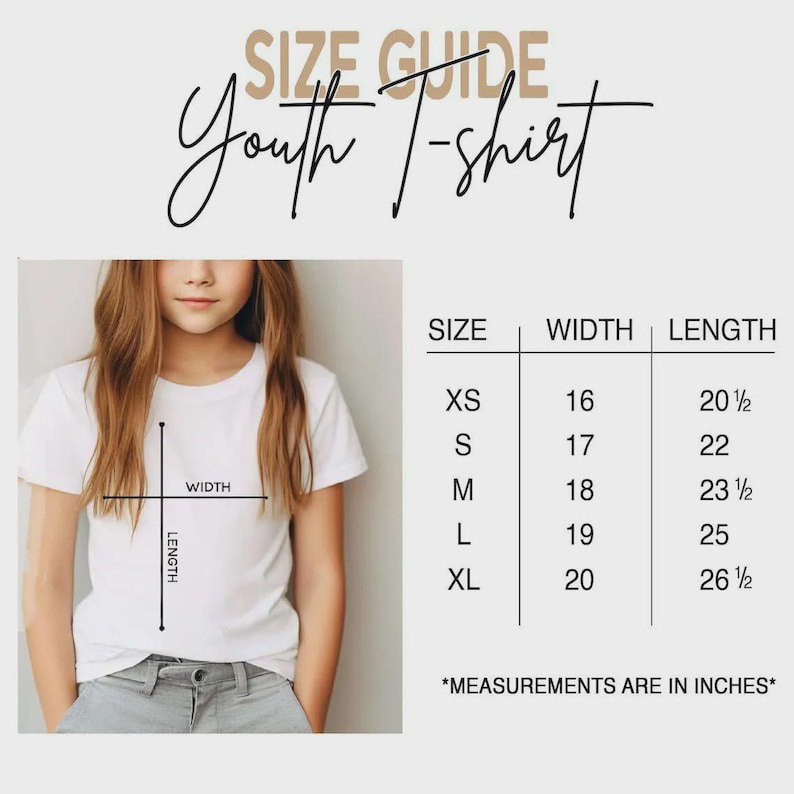 May include: A size guide for a youth t-shirt featuring a white t-shirt with width and length measurement lines. A table lists sizes XS through XL with corresponding width and length measurements in inches. The text reads SIZE GUIDE Youth T-shirt.