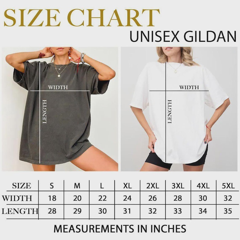 May include: A Gildan unisex size chart featuring a dark gray t-shirt and a white t-shirt with width and length lines overlaid. A table below lists sizes from S to 5XL with corresponding width and length measurements provided in inches.