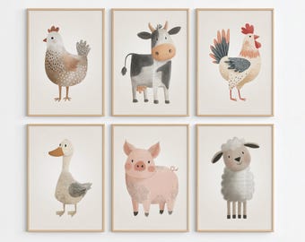 Farm Nursery Prints Set of 6, Farm Animal Wall Art, Farm Nursery Decor, Cute Animal Print, Barnyard Theme Print, Baby Shower Gift 88