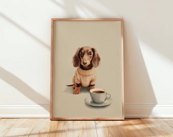 Teckel met koffie - aquarel hond schilderij, schattige huisdier kunst aan de muur voor koffieliefhebbers, eigenzinnig café decor, grappige worstje hond poster 155