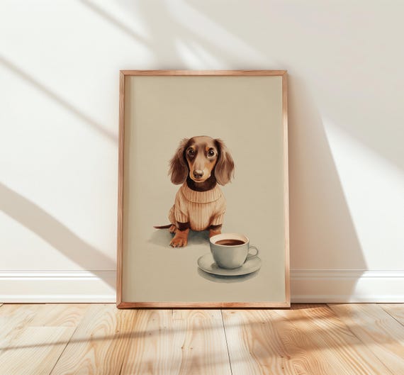 コーヒーを飲むダックスフント - 水彩画の犬の絵画、コーヒー好きの