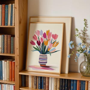 Stylized tulip poster for dining area — contemporary floral art featuring vibrant colors and a cozy, soothing atmosphere.
