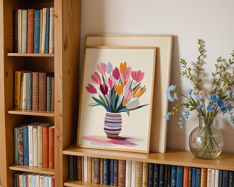 Stylized tulip poster for dining area — contemporary floral art featuring vibrant colors and a cozy, soothing atmosphere.