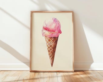 Stampa acquerello di cono gelato vintage - Arte murale in stile fattoria, arredamento estivo rustico, arte stampabile con dessert pastello, cucina Cottagecore 136