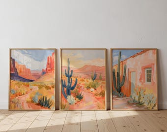Zuidwestelijke woestijnlandschap afdrukbare kunstbundel set van 3, warme aardse cactusafdrukken, gezellige rustieke wanddecoratie, Instant Download 129