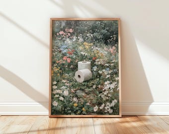 Oryginalna sztuka toaletowa – papier toaletowy w ogrodzie z dzikimi kwiatami, botaniczna sztuka ścienna do łazienki, oryginalna sztuka ścienna w stylu vintage, zabawna cyfrowa sztuka ścienna 565