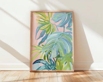 Tropical Leaves Wall Art - Pastel Monstera and Palm Pattern, Boho Nursery Decor, Printable Botanical Wall Art, Plant Lover's Gift 243