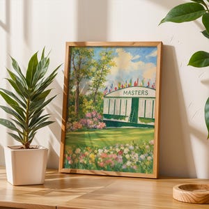 Golfer's wall art printable featuring spring tournament scene — soft painted style with colorful wildflowers and towering trees