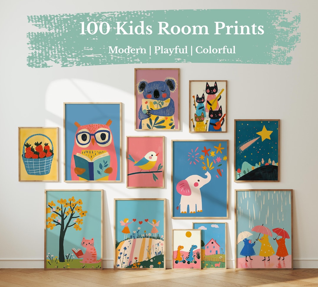 100 Kids Wall Art Printable Bundle, Colorful Retro Nursery Printable ...