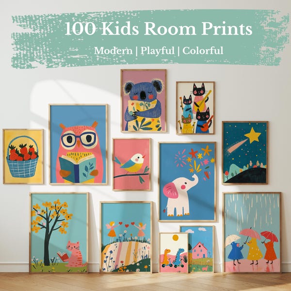 Paquete de 100 impresiones de arte mural infantil, paquete imprimible de arte retro colorido para habitación infantil, decoración infantil adorable, descarga digital 171