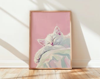 Gatito acogedor durmiendo sobre un cojín - Acuarela suave en rosa y crema, decoración bohemia para habitación infantil, arte de pared imprimible, lámina de paz para habitación infantil 225