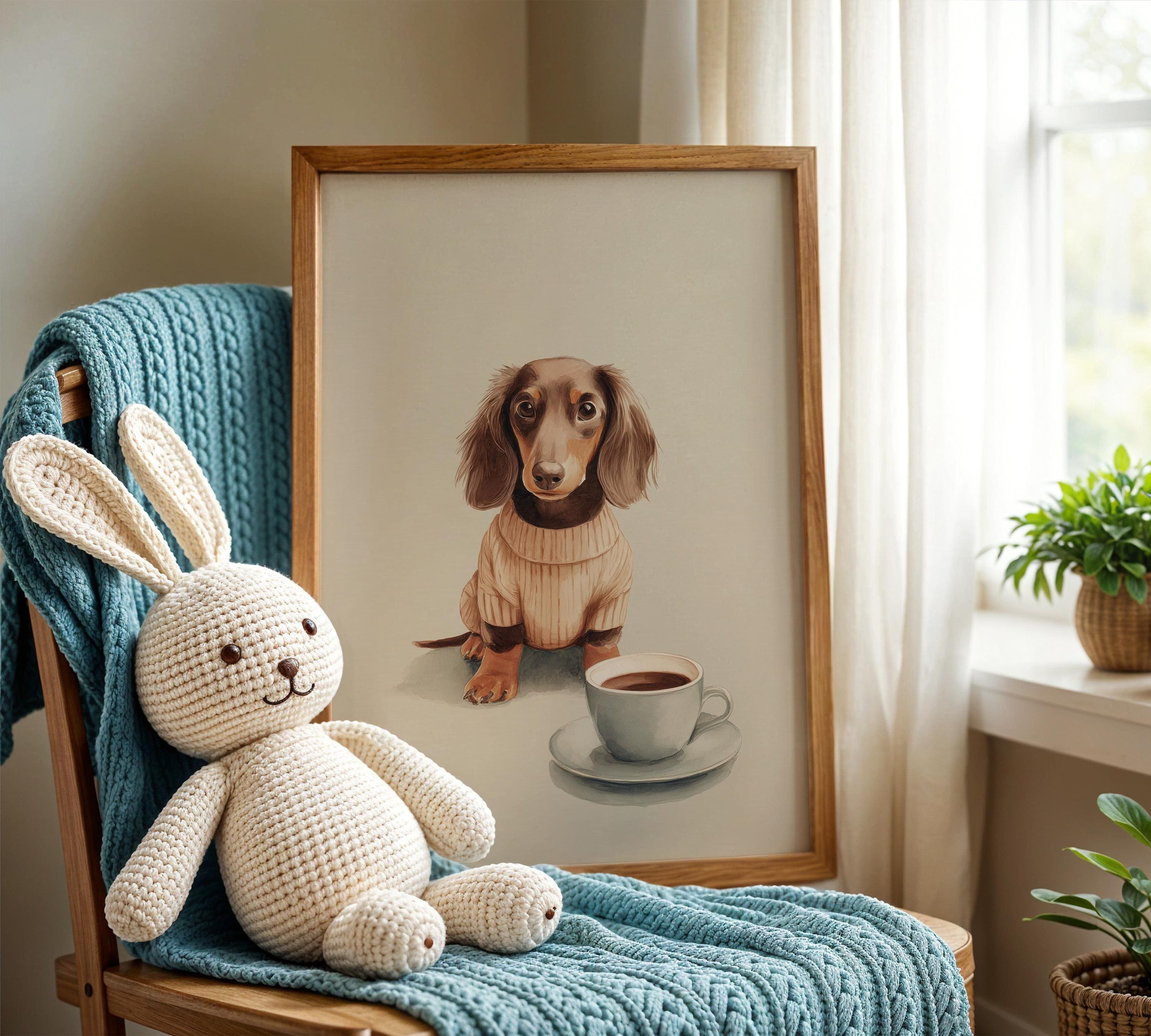 コーヒーを飲むダックスフント - 水彩画の犬の絵画、コーヒー好きの