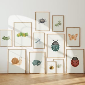 May include: A gallery wall arrangement of twelve framed prints featuring watercolor illustrations of various insects and small creatures, including a spider, grasshopper, caterpillar, dragonfly, beetle, butterfly, snail, bee, and ladybug.