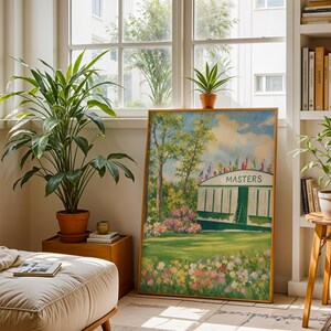 Golfing scene printable artwork featuring garden landscape — vintage-style painting with azaleas, wildflowers, and tournament scoreboard