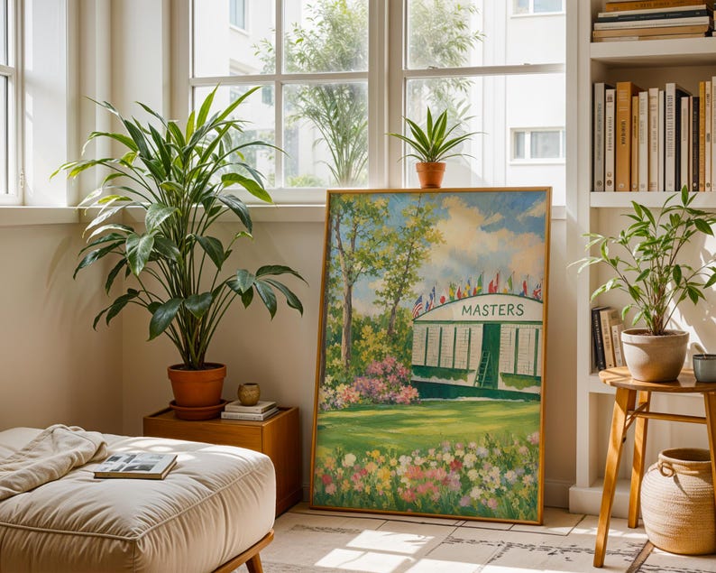 Golfing scene printable artwork featuring garden landscape — vintage-style painting with azaleas, wildflowers, and tournament scoreboard