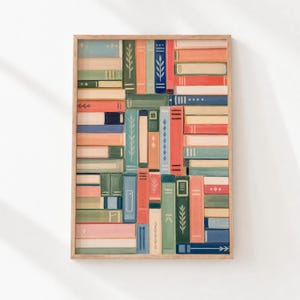 Lámina con libros apilados de colores, arte mural imprimible de estilo retro literario (descarga digital) 1611