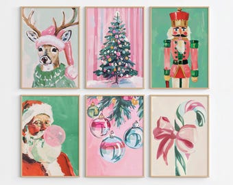 Christmas Printable Set of 6, Playful Santa Reindeer Nutcracker Decor, Vintage Holiday Wall Bundle, Printable Art Bundle 55