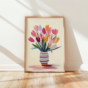 Vibrant tulips oil painting for entryway — elegant bouquet in a striped ceramic vase, perfect for a welcoming touch.
