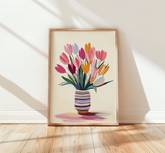 Printable Tulip Bouquet Art in Striped Vase - Vibrant Floral Digital Watercolor, Cozy Modern Spring Wall Art, Colorful Home Decor 734