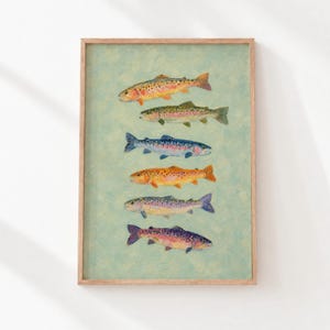 Colorful Stacked Trout Fish, Vintage Fishing Print Printable Wall Art (Digital Download) 935